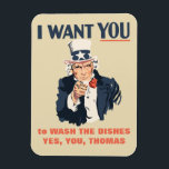 Grappig Uncle Sam Custom Bericht Magneet<br><div class="desc">Schaam je kamergenoot om zijn afwas te doen,  herinner je kinderen eraan om de koelkastdeur te sluiten,  deze leuke magneet is klaar om te worden aangepast met je eigen boodschap en is voorzien van een afbeelding van Uncle Same in de stijl van het klassieke recruitment poster.</div>