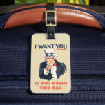 Grappig Uncle Sam Patriotic Custom Bericht Bagagelabel<br><div class="desc">Oom Sam is hier om je bagage te beschermen tegen grijpende handen. U kunt de rode tekst op de voorkant van het label aanpassen met uw eigen bericht. De achterkant staat voor u klaar om uw contactgegevens of ander bericht toe te voegen. Dit bagagelabel is in de stijl van het...</div>