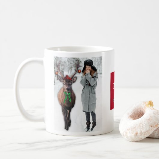 Grappig uw kerstfoto met een deer Custom Pic Koffiemok (Met donut)