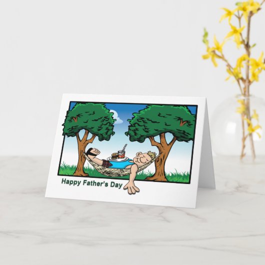 Grappig vader in een Hammock Cartoon Fathers Day K Kaart (Gele Bloem)