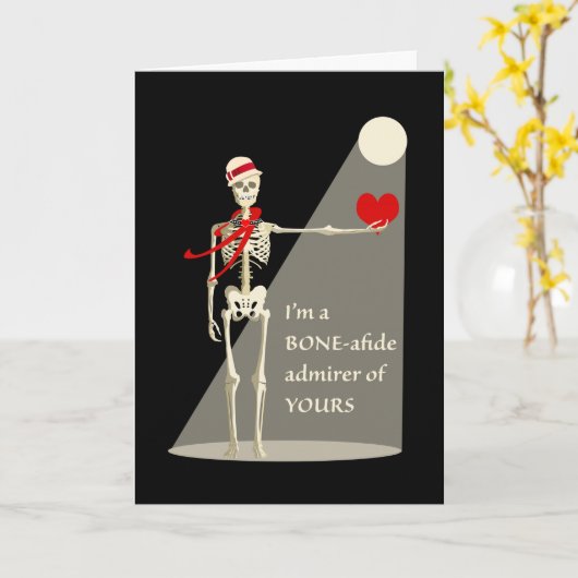 Grappig Valentijnsdag Skelet, Bone-afide Admirer Kaart (Gele Bloem)
