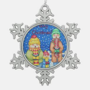 grappig van de de sneeuwscène van hymnezangers tin sneeuwvlok ornament