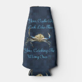 Grappig vangen krabben Logo op blauw, Flesjeskoeler (Voorkant)