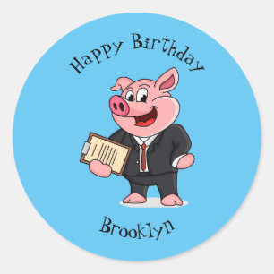 Grappig varken in business suit cartoon ronde sticker