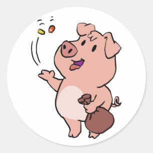 Grappig varkensetende snoepjes   achtergrondkleur  ronde sticker