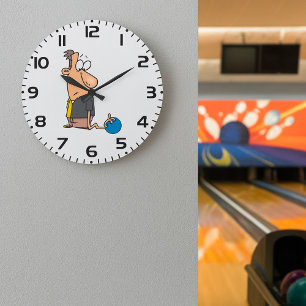 Grappig Verdrietige Bowler Karakter met Bowling Ba Grote Klok