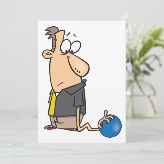 Grappig Verdrietige Bowler Karakter met Bowling Ba Kaart (Staand voorkant)