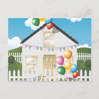 Grappig verjaardags huis met ballonnen briefkaart