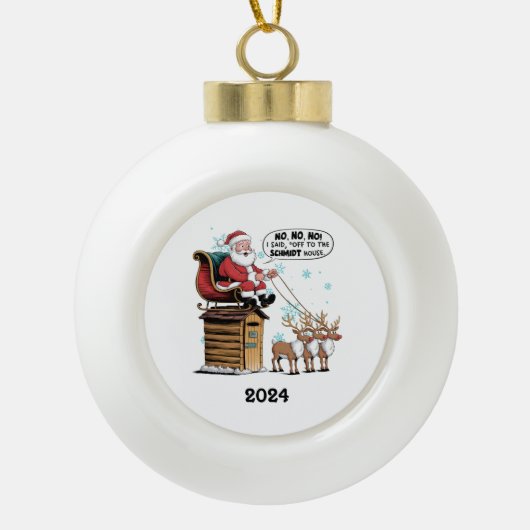Grappig Verkeerd Huis Santa Sleigh Keramische Bal Ornament (Voorkant)