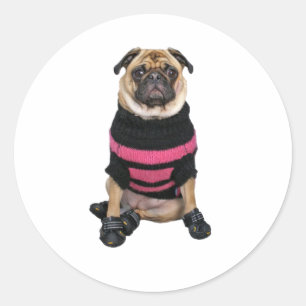 Grappig verkleed pug hond met trui en laarzen ronde sticker