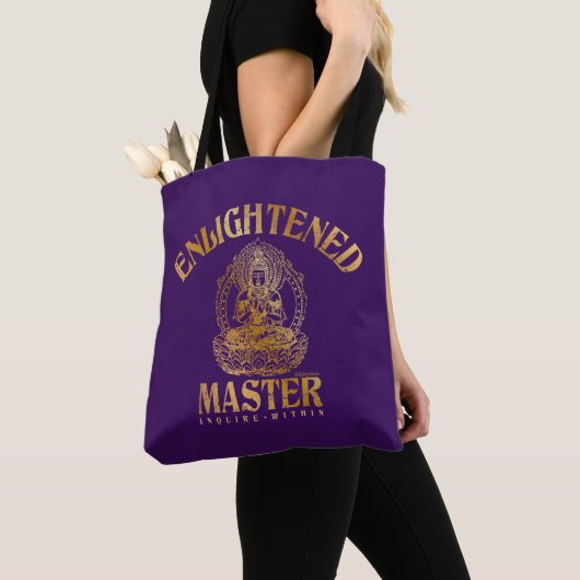 Grappig "Verlichte Meester" Faux Gold op Paarse Tote Bag (Dichtbij)