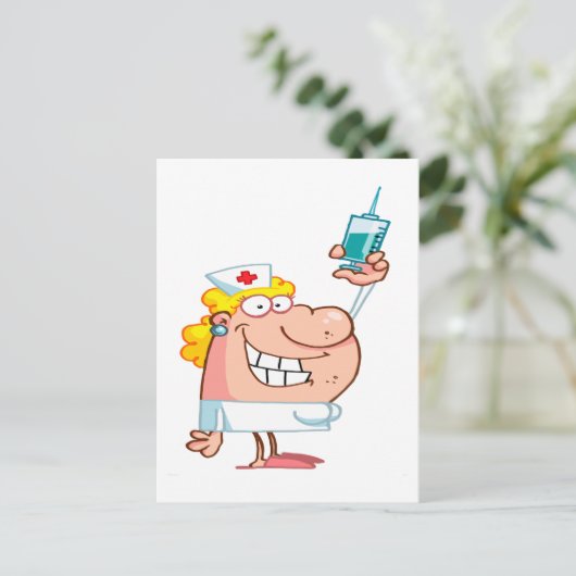 grappig verpleegkundige met een cartoon spuit briefkaart (Staand voorkant)