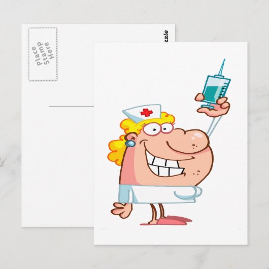 grappig verpleegkundige met een cartoon spuit briefkaart (Voorkant / Achterkant)