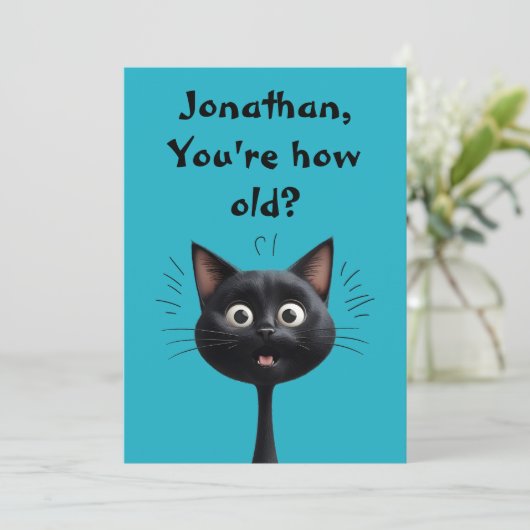 Grappig verrast zwarte kat Hoe oud blauw (Staand voorkant)