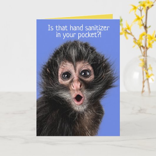 Grappig verraste Monkey Hand Sanitizer Greeting Kaart (Gele Bloem)