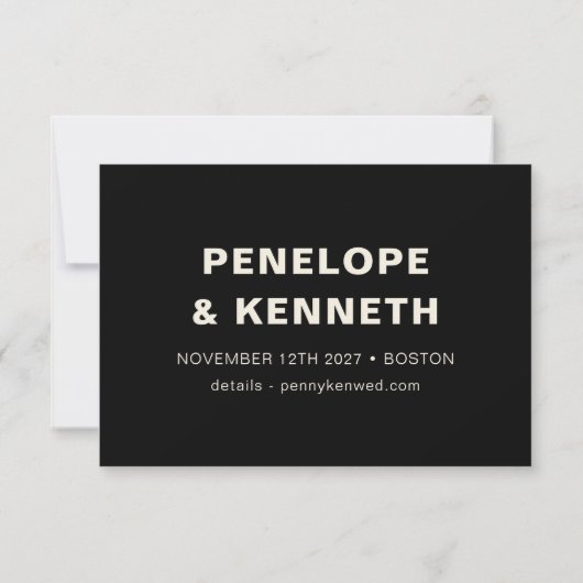 Grappig vet modern zwart wit typografie bruiloft save the date (Achterkant)