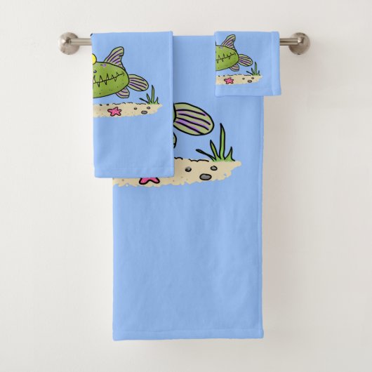 Grappig vethongerige groene visvisserij-cartoon bad handdoek (Insitu)