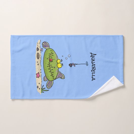 Grappig vethongerige groene visvisserij-cartoon bad handdoek (Handdoek)