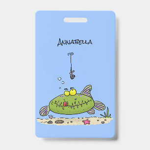 Grappig vethongerige groene visvisserij-cartoon badge