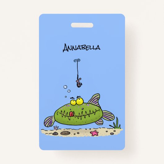 Grappig vethongerige groene visvisserij-cartoon badge (Voorkant)