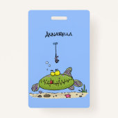 Grappig vethongerige groene visvisserij-cartoon badge (Achterkant)