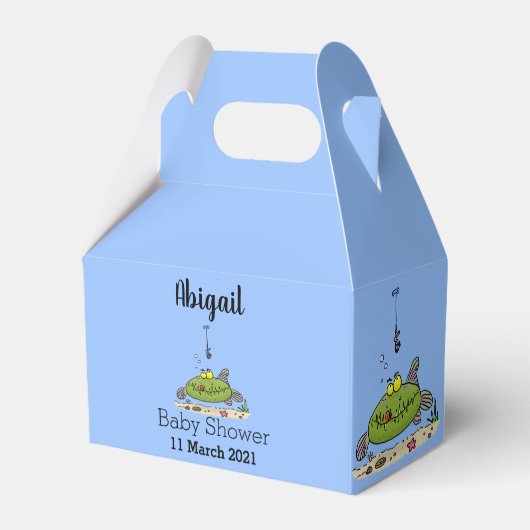 Grappig vethongerige groene visvisserij-cartoon bedankdoosjes (Achterkant)