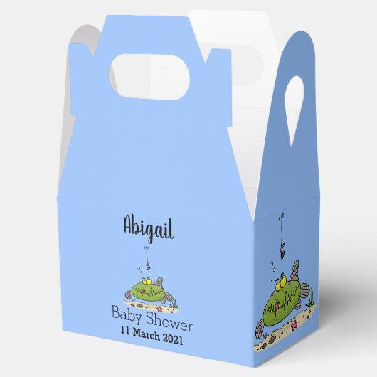 Grappig vethongerige groene visvisserij-cartoon bedankdoosjes (Geopend)