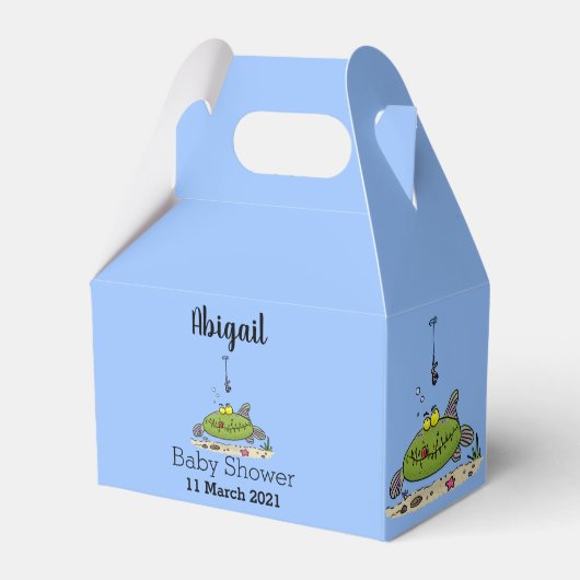 Grappig vethongerige groene visvisserij-cartoon bedankdoosjes (Voorkant Zijde)