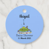 Grappig vethongerige groene visvisserij-cartoon bedankjes labels (Voorkant)