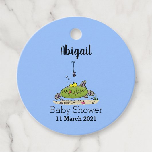 Grappig vethongerige groene visvisserij-cartoon bedankjes labels (Voorkant)