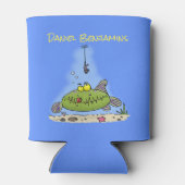 Grappig vethongerige groene visvisserij-cartoon blikjeskoeler (Achterkant)