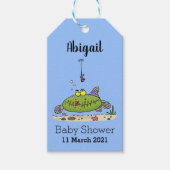 Grappig vethongerige groene visvisserij-cartoon cadeaulabel (Voorkant)