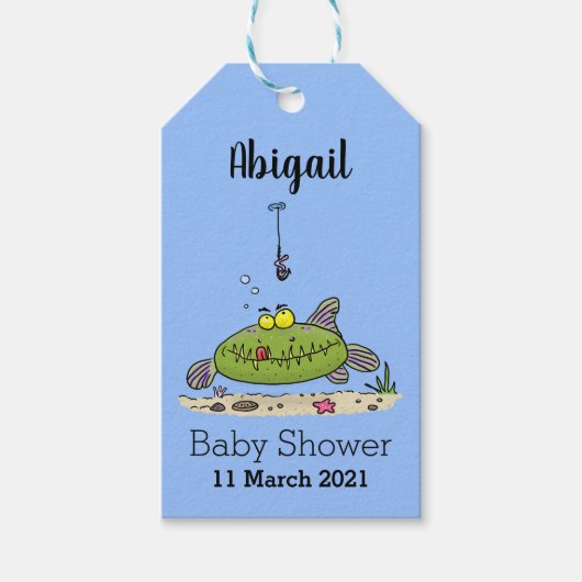 Grappig vethongerige groene visvisserij-cartoon cadeaulabel (Voorkant)