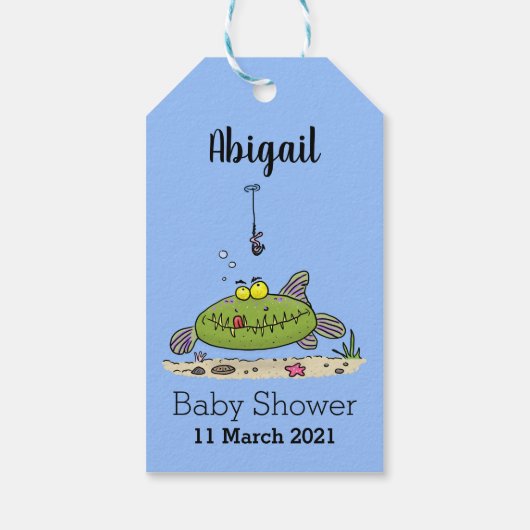 Grappig vethongerige groene visvisserij-cartoon cadeaulabel (Achterkant)