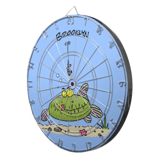 Grappig vethongerige groene visvisserij-cartoon dartbord (Voorkant Rechts)