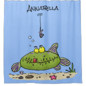 Grappig vethongerige groene visvisserij-cartoon douchegordijn (Voorkant)