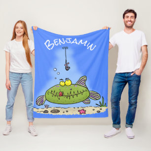 Grappig vethongerige groene visvisserij-cartoon fleece deken