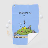 Grappig vethongerige groene visvisserij-cartoon golfhanddoek (Insitu)