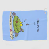 Grappig vethongerige groene visvisserij-cartoon golfhanddoek (Horizontaal)