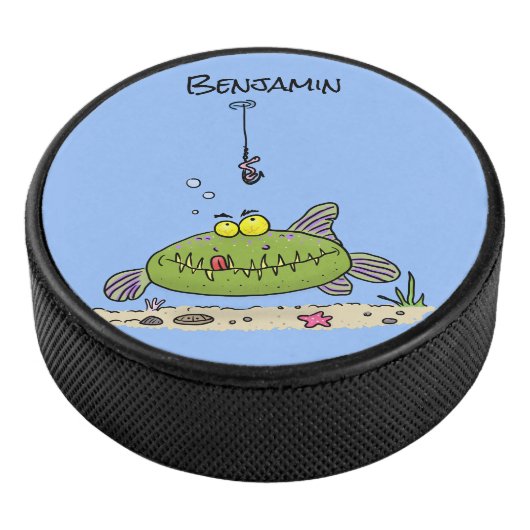 Grappig vethongerige groene visvisserij-cartoon hockey puck (3/4)