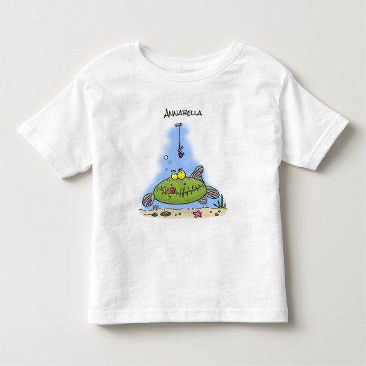 Grappig vethongerige groene visvisserij-cartoon kinder shirts (Voorkant)
