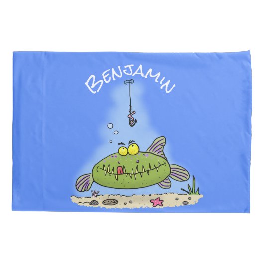 Grappig vethongerige groene visvisserij-cartoon kussensloop (Achterkant)