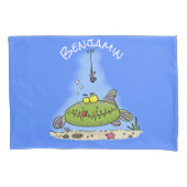 Grappig vethongerige groene visvisserij-cartoon kussensloop (Voorkant)
