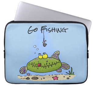 Grappig vethongerige groene visvisserij-cartoon laptop sleeve