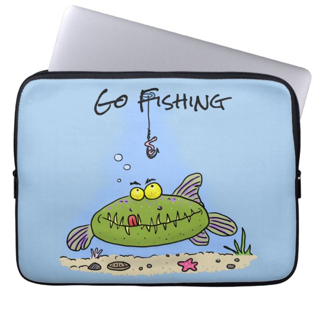 Grappig vethongerige groene visvisserij-cartoon laptop sleeve (Voorkant)