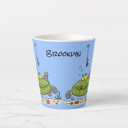 Grappig vethongerige groene visvisserij-cartoon latte mok (Voorkant)