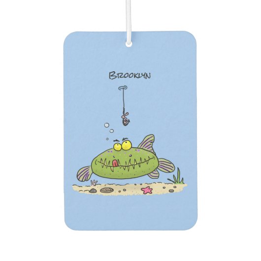 Grappig vethongerige groene visvisserij-cartoon luchtverfrisser (Voorkant)