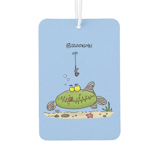 Grappig vethongerige groene visvisserij-cartoon luchtverfrisser (Achterkant)