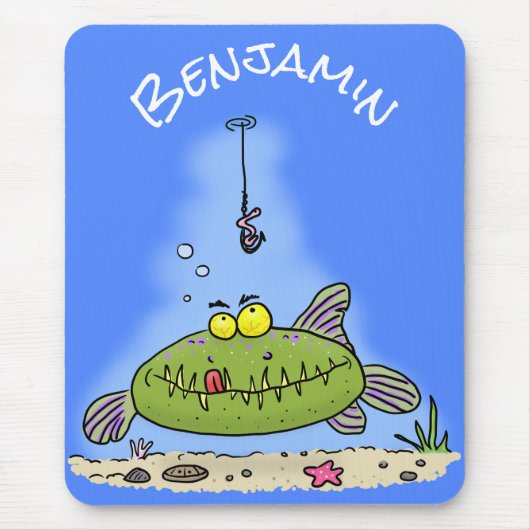 Grappig vethongerige groene visvisserij-cartoon muismat (Voorkant)