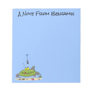 Grappig vethongerige groene visvisserij-cartoon notitieblok